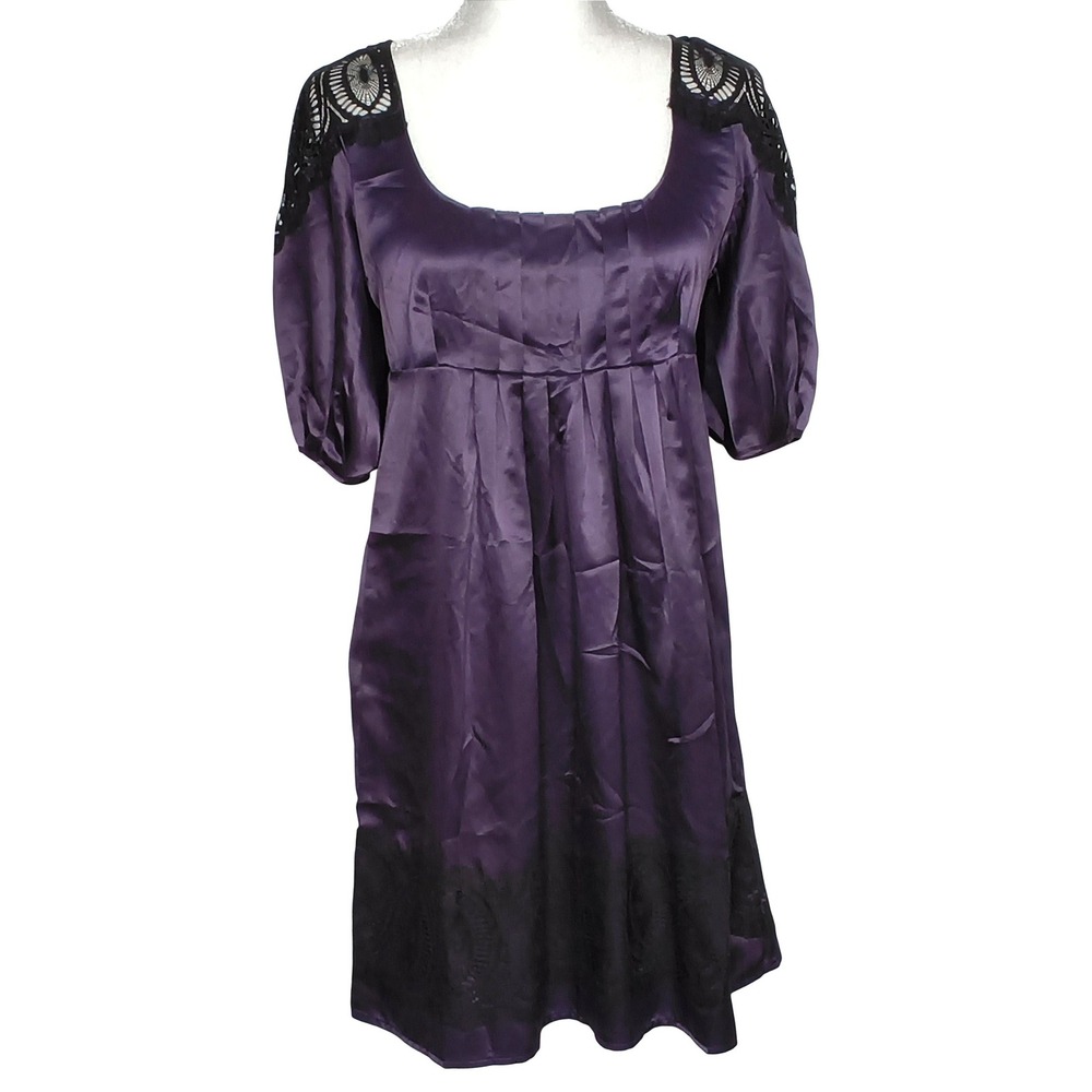 Gothic To The Max Babydoll Dress Women Small Purple Satin Black Lace Puff